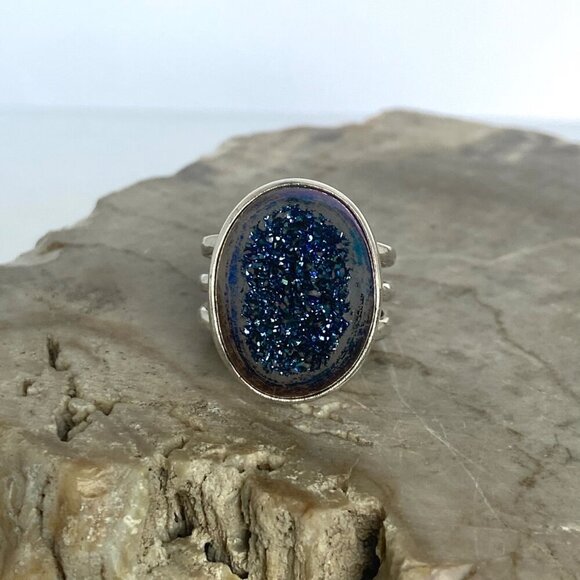 Sterling Silver 925 India Oval Blue Titanium Druzy Triple Band Ring Sz 7 - Picture 2 of 16